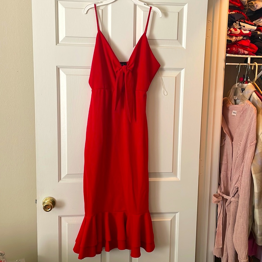 Red body con ruffle dress
